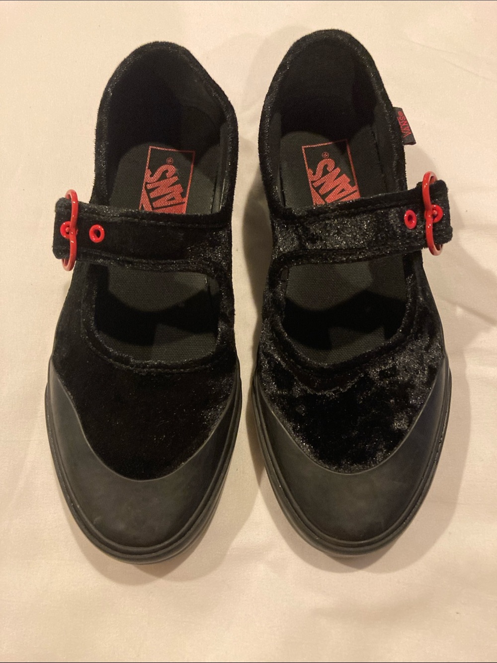 Vans Kids Black Velvet Mary Jane Sneakers with Red Accents